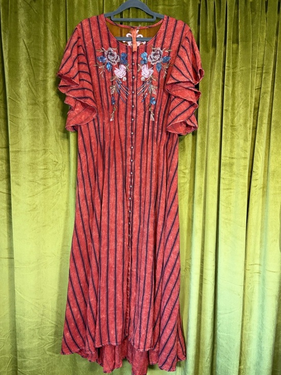 Aratta Silent Journey Dresses & Skirts - Aratta Silent Journey Rust-Striped Embroidered Floral Lace Midi Maxi Dress L